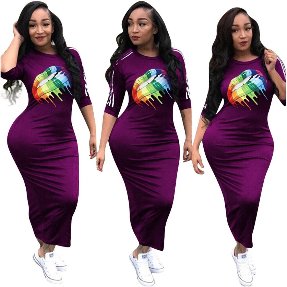 Sexy Plum Purple Bodycon Rainbow Lips Maxi Dress size S